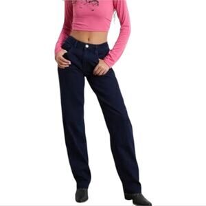 WeWoreWhat Low Rise Dad Jeans Dark Indigo Straight Leg Raw Hem Size 27 NEW